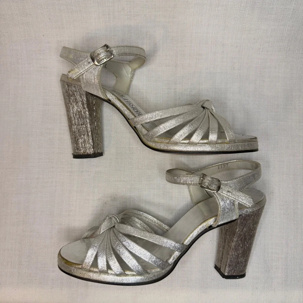 Coloriffics Vintage Silver Metallic Strappy Block Heel Sandals Formal Shoes 5M